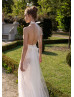 Halter Beaded Ivory Lace Tulle Slit Wedding Dress